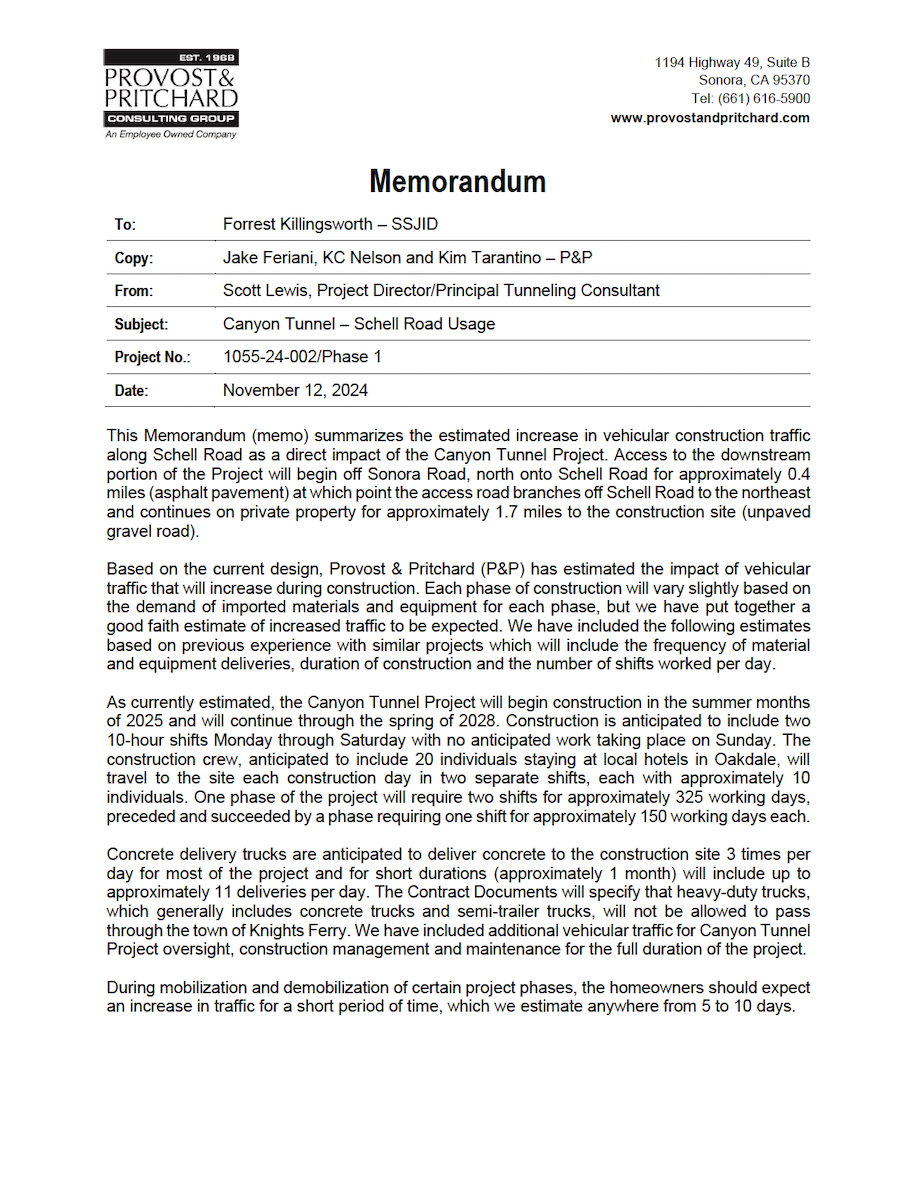 Canyon Tunnel – Schell Road Usage Memo Preview